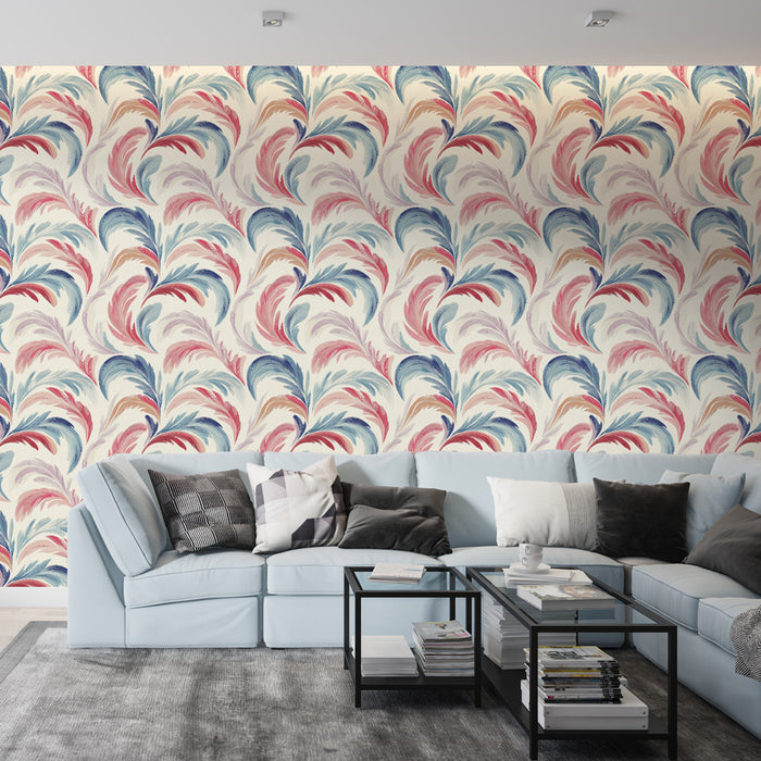 Un salon moderne avec un papier peint aux motifs floraux colorés, mêlant des teintes de bleu, rose et crème, créant une atmosphère dynamique et accueillante.