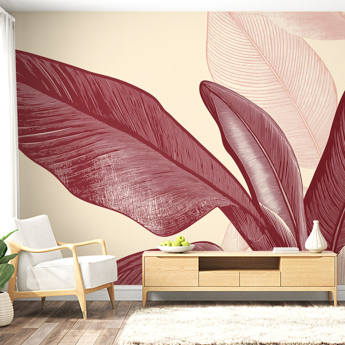 Papier peint motifs feuilles Bordeaux | Feuilles élégantes en ton bordeaux sur fond doux