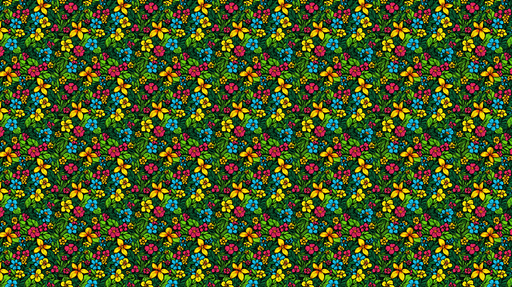Papier peint motifs floraux Éclatantes fleurs jaunes, bleues et roses sur fond vert