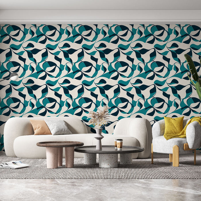 Un salon contemporain avec un papier peint aux motifs abstraits en bleu et noir sur fond clair, créant une ambiance dynamique et artistique.