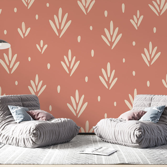 Un salon moderne avec un papier peint terracotta orné de motifs végétaux crème, créant une atmosphère chaleureuse et accueillante.