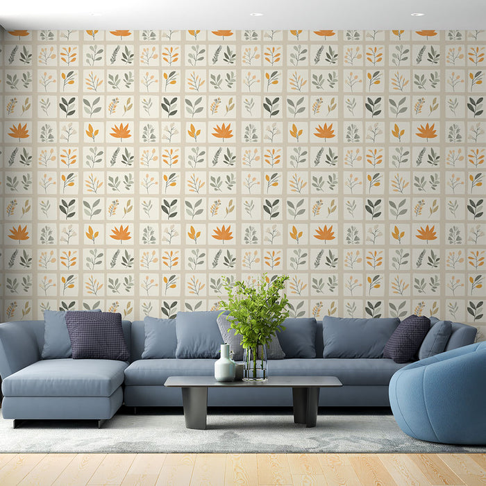 Un salon moderne avec un papier peint floral aux motifs colorés de fleurs et de feuilles sur fond clair, créant une ambiance fraîche et accueillante.