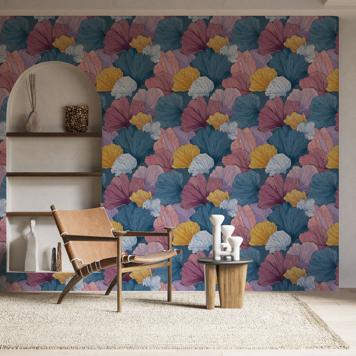 Une pièce moderne avec un papier peint floral aux grandes feuilles colorées dans des teintes de bleu, rose et jaune, créant une ambiance vibrante et chaleureuse.