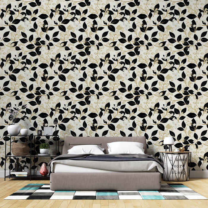 Une chambre moderne avec un papier peint floral noir et beige, aux motifs de feuilles délicates, créant une atmosphère élégante et apaisante.