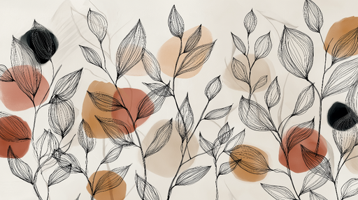 Papier peint motifs floraux Feuilles stylisées avec touches de couleur douce