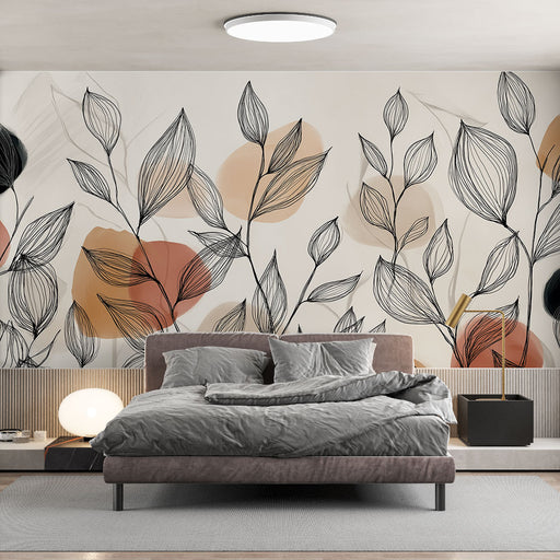Une chambre moderne avec un papier peint aux motifs de feuilles délicates en noir et des touches de couleurs terreuses, créant une atmosphère apaisante et chaleureuse.