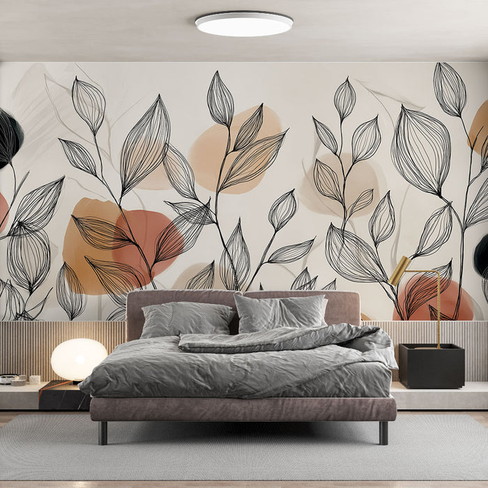 Une chambre moderne avec un papier peint aux motifs de feuilles délicates en noir et des touches de couleurs terreuses, créant une atmosphère apaisante et chaleureuse.