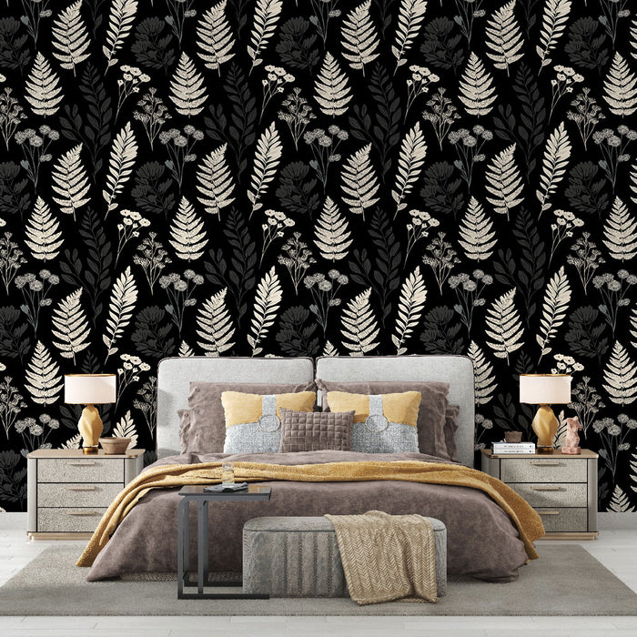 Une chambre élégante avec un papier peint floral noir et crème, présentant des feuilles et des fleurs délicates qui créent une ambiance à la fois moderne et apaisante.