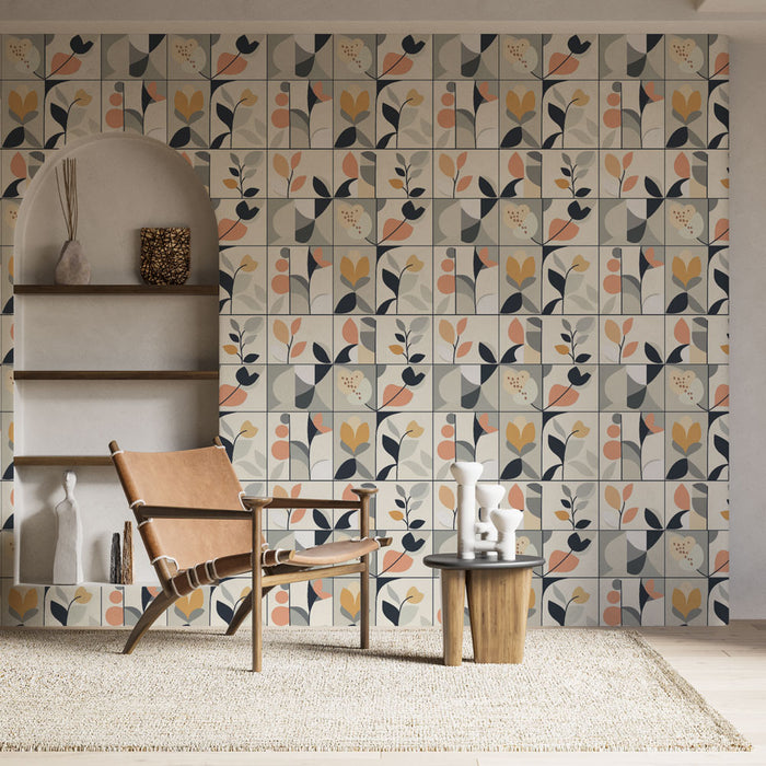 Un salon moderne avec un papier peint aux motifs floraux géométriques dans des teintes douces de bleu, rose et beige, créant une ambiance chaleureuse et accueillante.