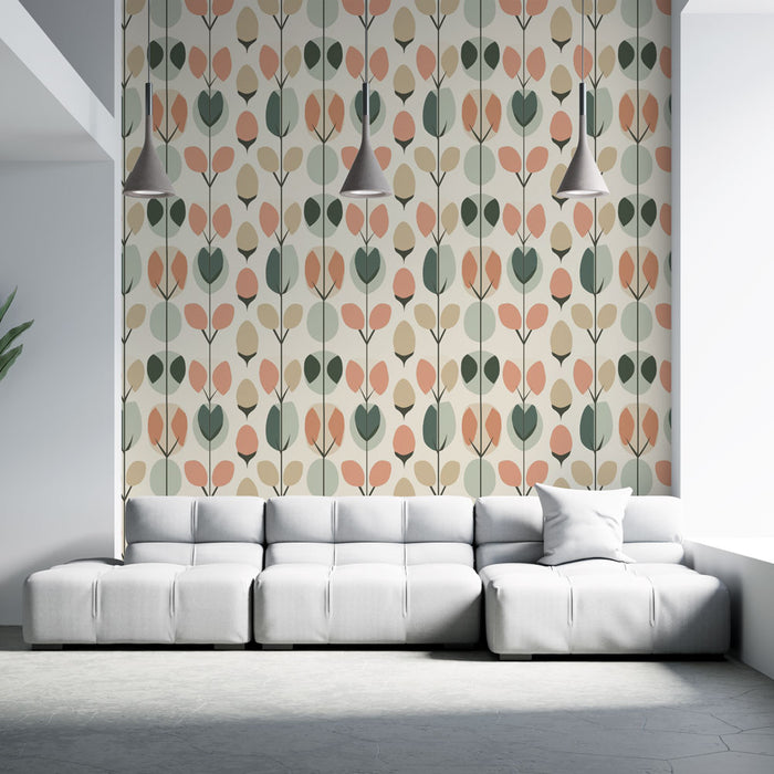 Un salon moderne avec un papier peint floral aux motifs stylisés de fleurs et feuilles dans des teintes douces de rose, vert et beige, créant une ambiance chaleureuse et accueillante.