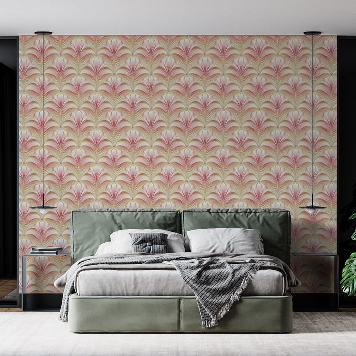 Une chambre moderne avec un papier peint aux motifs floraux dans des teintes rose et crème, créant une atmosphère douce et accueillante.