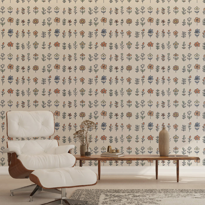 Un salon contemporain avec un papier peint floral sur fond beige, présentant des motifs de fleurs colorées et des feuillages délicats, créant une atmosphère joyeuse et accueillante.