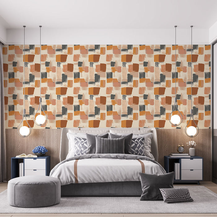 Une chambre moderne avec un papier peint abstrait aux motifs de carrés dans des teintes chaudes de terracotta, beige et gris, créant une atmosphère artistique et accueillante.