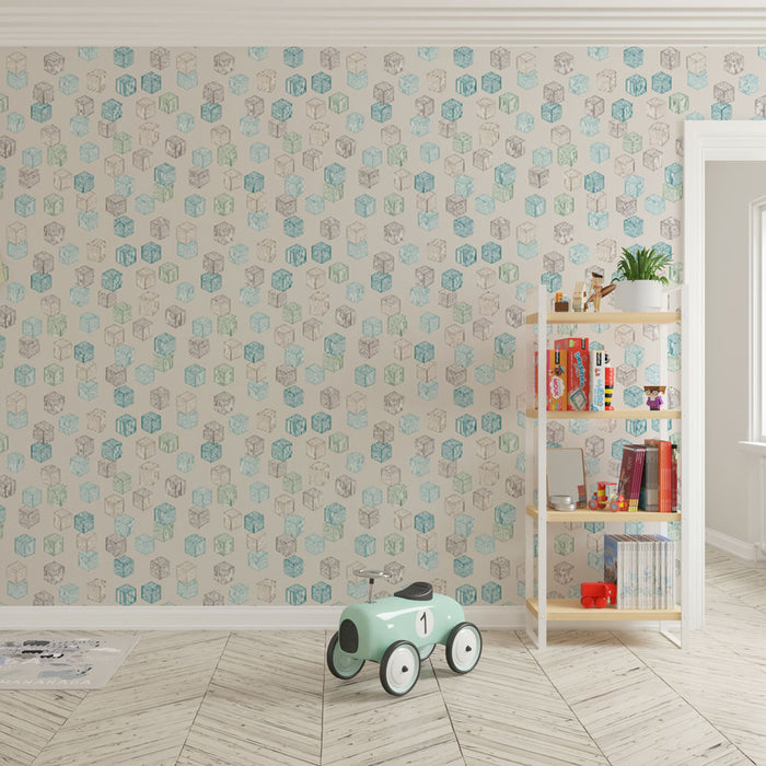 Une chambre d'enfant avec un papier peint ludique représentant des cubes colorés en bleu et vert sur fond clair, créant une atmosphère joyeuse et dynamique.
