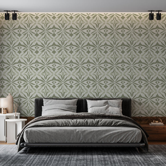 Une chambre moderne avec un papier peint aux motifs géométriques verts et beige, créant une atmosphère apaisante et élégante.