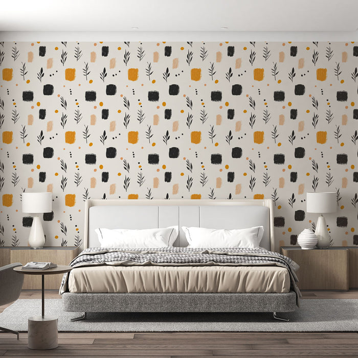 Une chambre moderne avec un papier peint aux motifs abstraits, mêlant des formes noires, jaunes et beige, créant une ambiance artistique et chaleureuse.