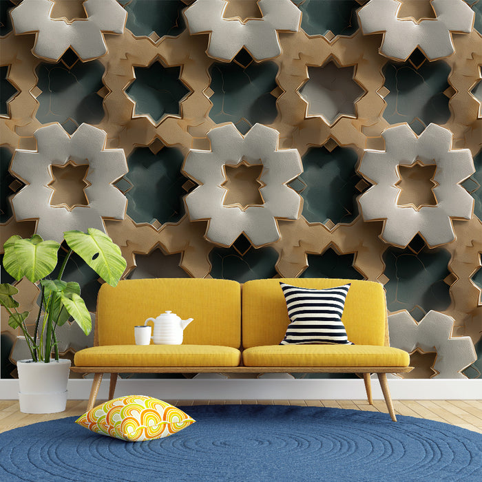 Un salon contemporain avec un papier peint en relief aux motifs floraux géométriques dans des teintes de beige, gris et vert profond, créant une ambiance chaleureuse et moderne.