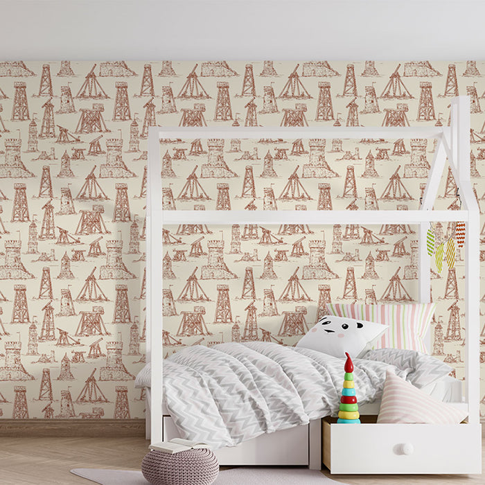 Une chambre enfantine avec un papier peint illustrant des motifs de machines à pétrole en brun sur fond crème, créant une ambiance ludique et originale.