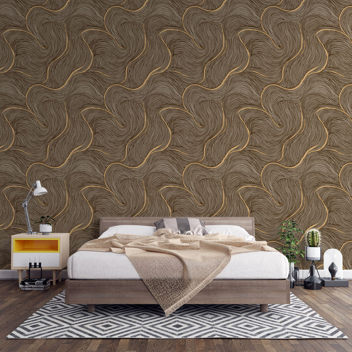 Une chambre moderne avec un papier peint texturé aux motifs ondulés marron et doré créant une atmosphère chaleureuse et élégante.