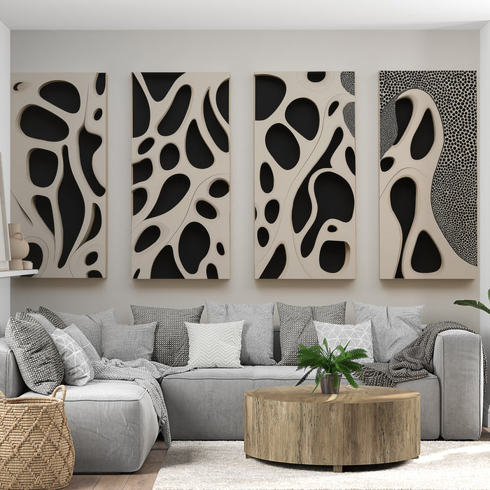 Un salon contemporain avec un papier peint texturé aux motifs organiques en beige et noir, créant une ambiance artistique et moderne.