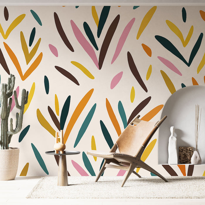 Un salon contemporain avec un papier peint aux motifs abstraits de feuilles colorées dans des teintes vives, créant une ambiance dynamique et chaleureuse.