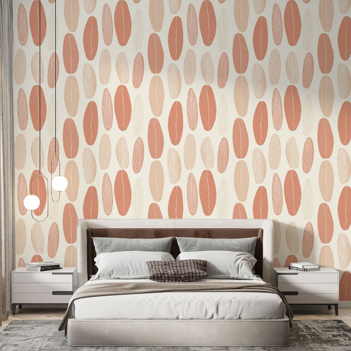 Une chambre moderne avec un papier peint aux motifs de feuilles ovales dans des teintes douces de pêche et crème, créant une ambiance chaleureuse et apaisante.