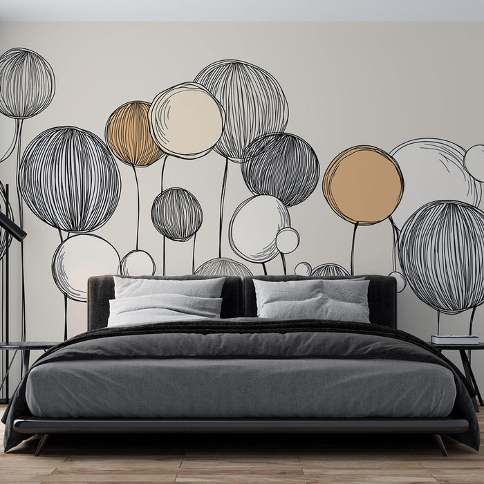 Une chambre moderne avec un papier peint graphique représentant des formes arrondies en noir, beige et doré, créant une ambiance artistique et chaleureuse.