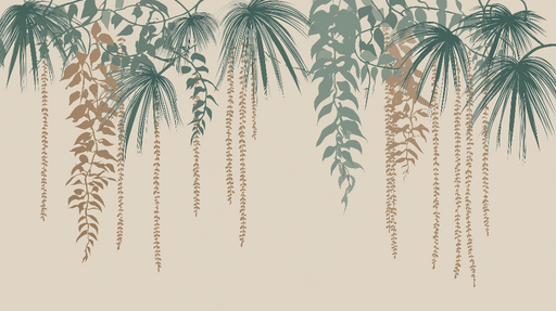Papier peint motifs végétaux Feuilles suspendues en vert et beige sur fond clair