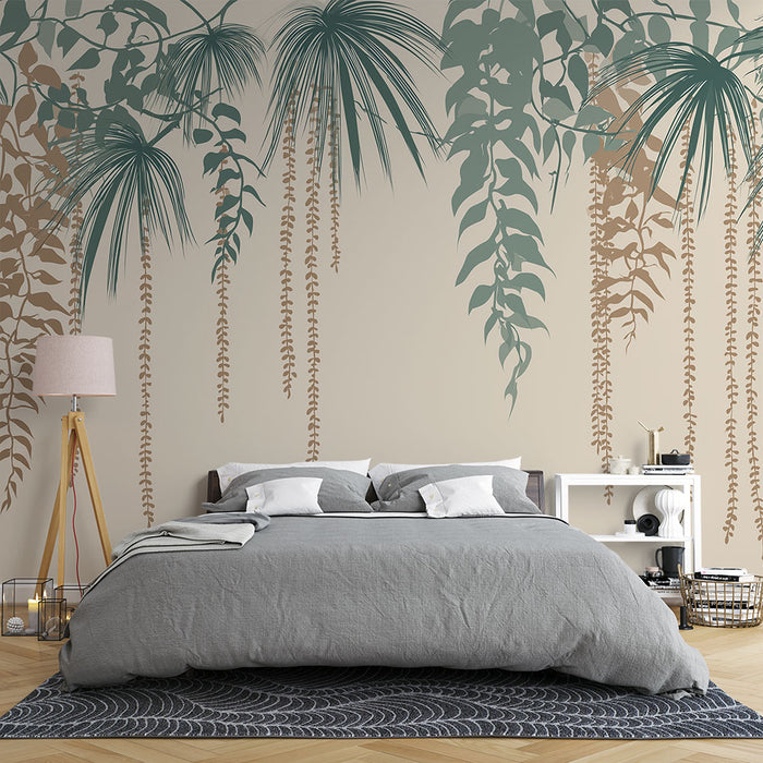 Papier peint motifs végétaux | Feuilles suspendues en vert et beige sur fond clair