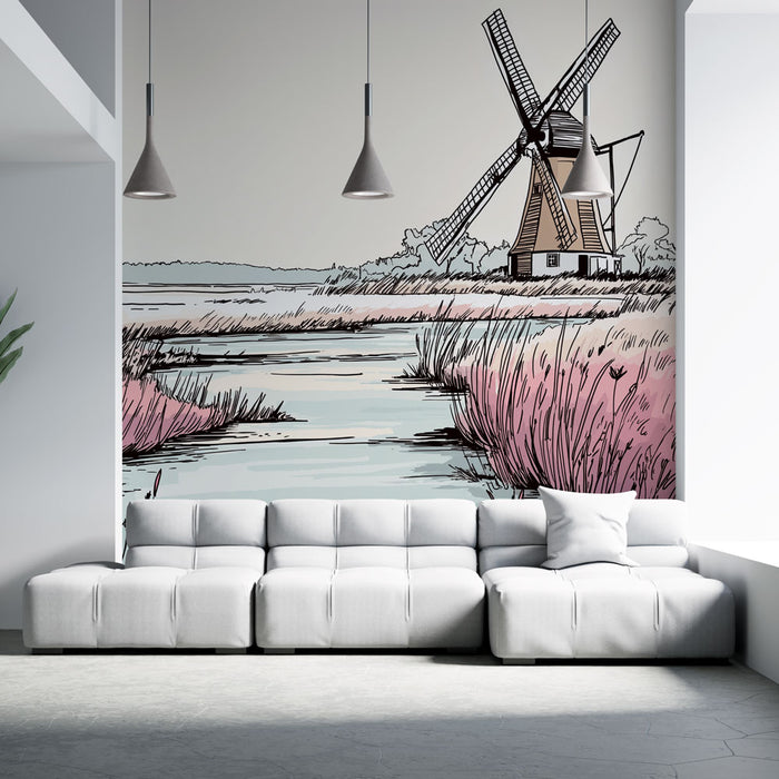 Un salon moderne avec un papier peint illustratif représentant un moulin à vent au bord d'un étang, entouré de végétation rose et d'un ciel apaisant.