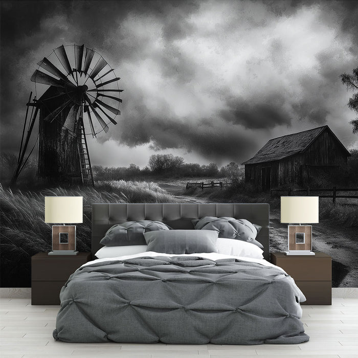 Papier peint moulin | Ambiance rurale intense en monochrome