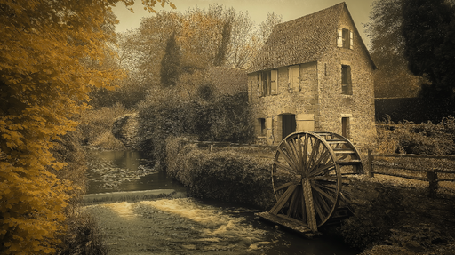Papier peint moulin Ambiance rustique avec un moulin à eau en automne