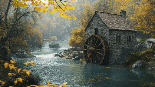 Papier peint moulin Charmant moulin à eau au bord d'une rivière entouré de feuillage doré