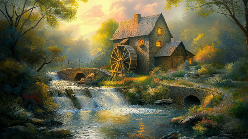 Papier peint moulin Charmant moulin à eau dans un paysage pastoral