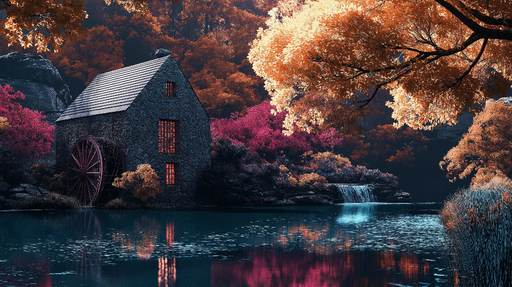 Papier peint moulin Charmant moulin à eau entouré de paysages automnaux s