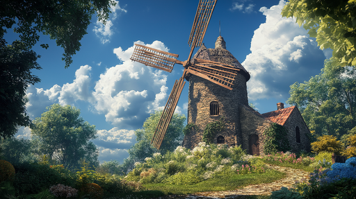 Papier peint moulin Charmant moulin à vent au cœur d'un paysage verdoyant