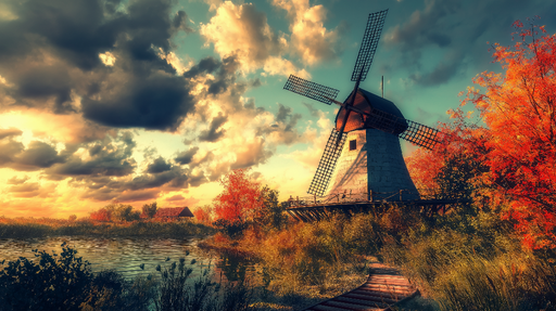 Papier peint moulin Charmant moulin à vent entouré de couleurs automnales