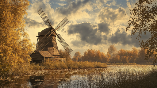 Papier peint moulin Charmante scène automnale avec moulin à vent paisible
