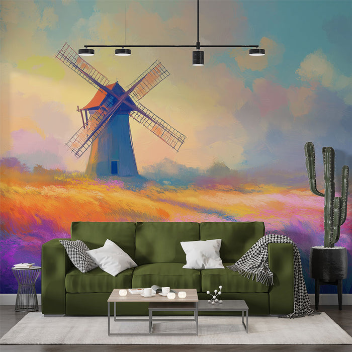 Un salon moderne avec un papier peint représentant un moulin dans un paysage coloré aux teintes pastel, créant une ambiance douce et rêveuse.