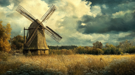 Papier peint moulin Décor champêtre avec moulin à vent et champs dorés