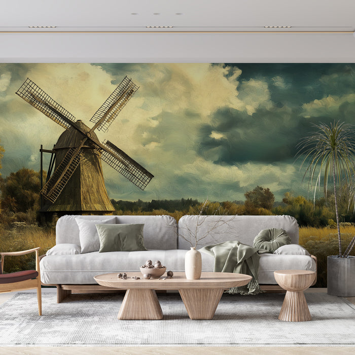 Une pièce de vie moderne avec un papier peint représentant un moulin dans un paysage pastoral, évoquant une ambiance nostalgique et sereine.