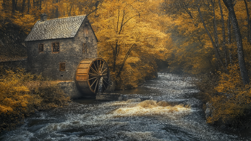 Papier peint moulin en automne Scène pittoresque avec un moulin à eau et des feuilles dorées