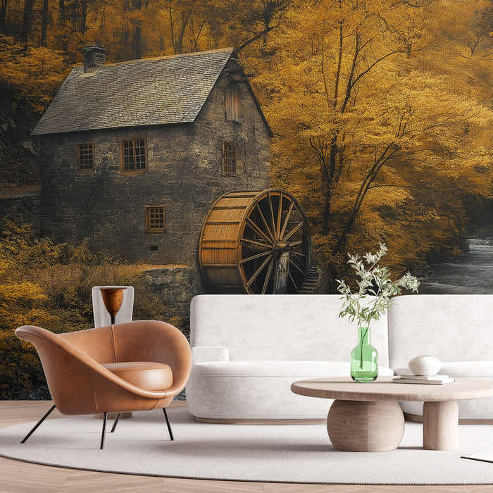 Une pièce moderne avec un papier peint représentant un moulin ancien entouré d'arbres aux feuilles dorées, créant une atmosphère chaleureuse et nostalgique.