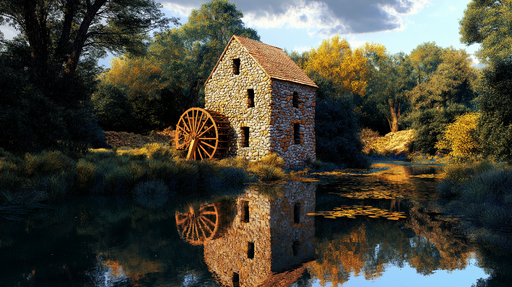 Papier peint moulin Magnifique moulin en pierre au bord de l'eau entouré de verdure