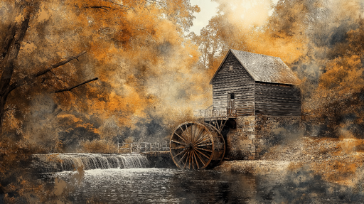 Papier peint moulin Moulin à eau entouré de feuillage automnal
