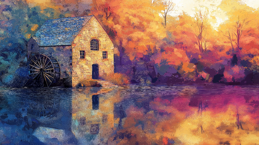 Papier peint moulin Moulin au bord de l'eau dans un paysage automnal