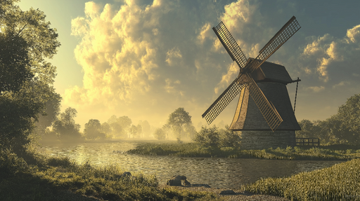 Papier peint moulin Moulin traditionnel au bord de l'eau sous un ciel doré