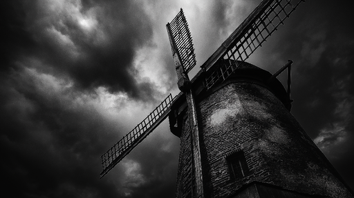Papier peint moulin noir et blanc Silhouette dramatique d'un moulin sous un ciel orageux