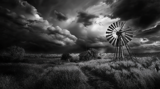 Papier peint moulin Paysage dramatique en noir et blanc avec moulin à vent