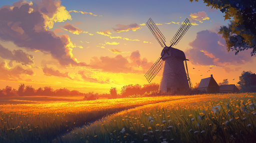 Papier peint moulin Paysage romantique au coucher de soleil avec un moulin à vent